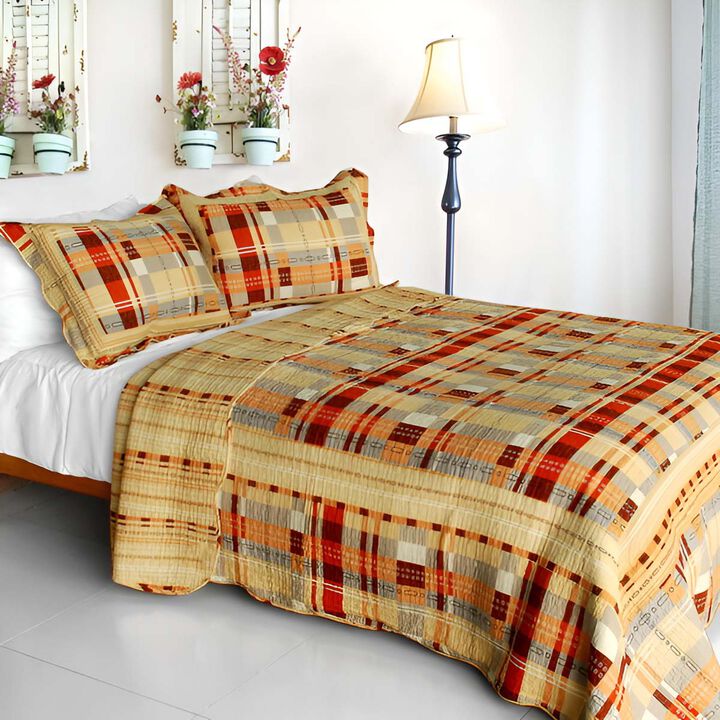 Cotton Queen Size 3PC Plaid Printed Quilt Set Enthusiasm Waltz Vermicelli Quilted Set
