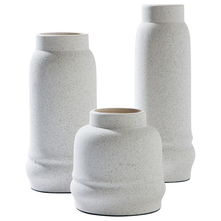 Vase with Elongated Textured Ceramic, Set of 3, White-Benzara