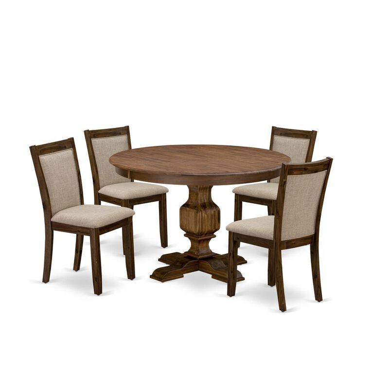 East West Furniture 5-Piece Dinner Table Set - Pedestal Dining Table and 4 Light Tan Color Parson Dining Chairs with High Back - Antique Walnut Finish
