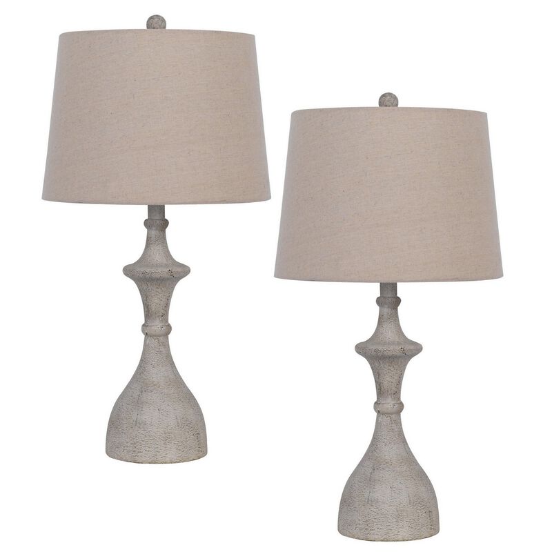 27 Inch Set of 2 Classic Resin Accent Table Lamp, Turned, Beige Rustic Gray-Benzara