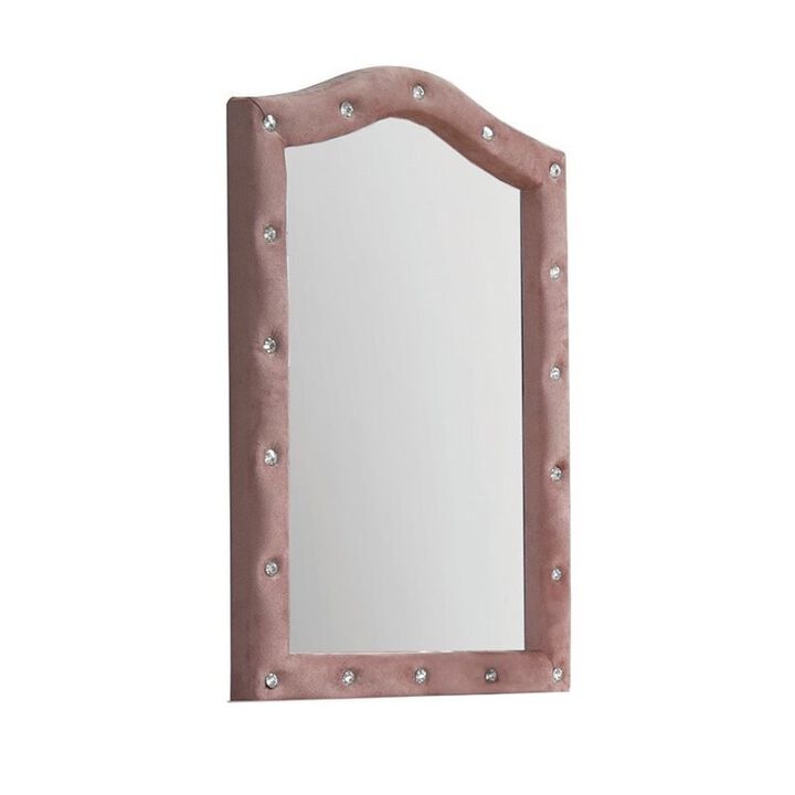 22 Inch Contemporary Upholstered Mirror, Crystal Tufting, Arched Top, Pink-Benzara