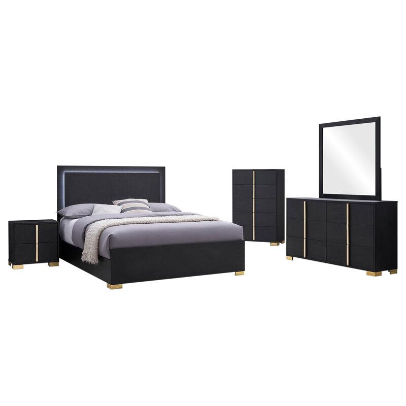 Dex 5pc Queen Bedroom Set with Modern LED Headboard, Mirror, Black