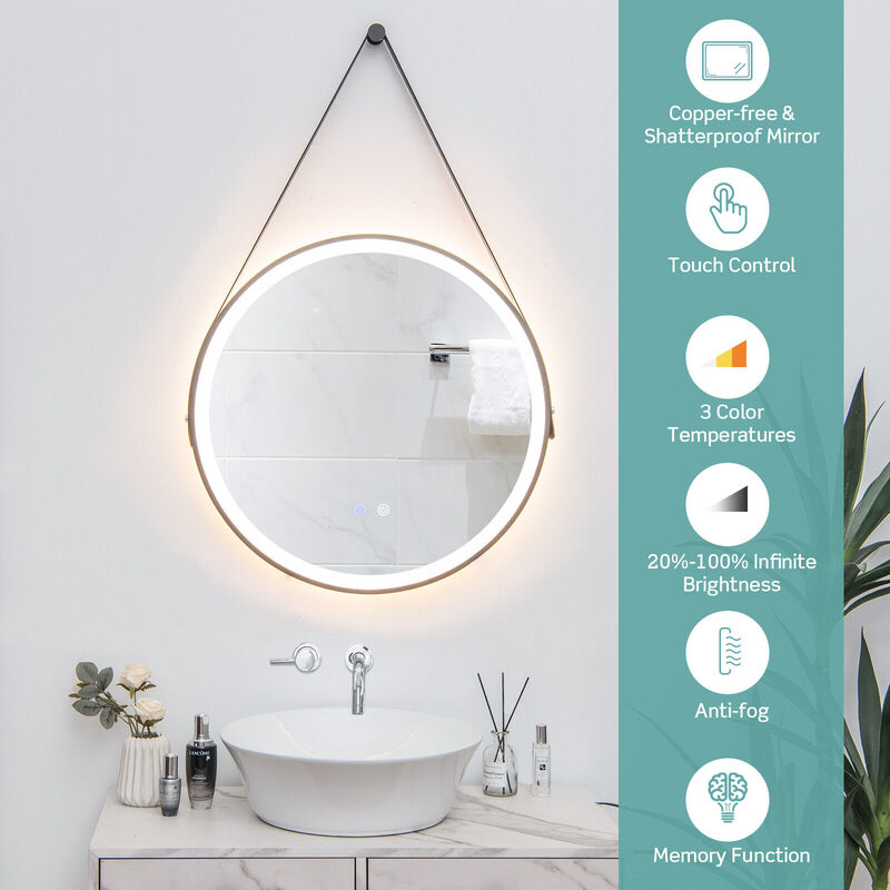Round Wall-mounted Mirror with 3 Color LED Lights and Anti-Fog Function