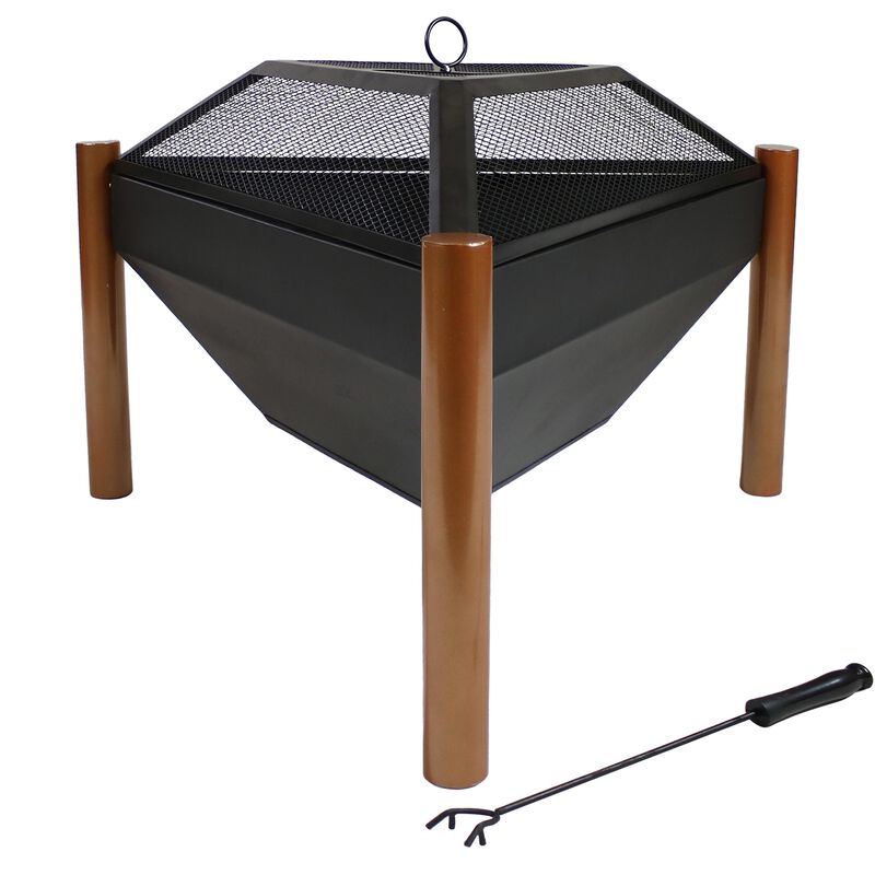 Sunnydaze 31 in Triangle Steel Fire Pit Table with Grate, Poker, and Screen