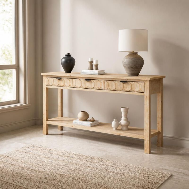 GOODSILO 58.3'' Fir Veneer Entryway Console Table with 3 Honeycomb Drawers Open Bottom Shelf for Living Room Hallway Study Foyer image number 3