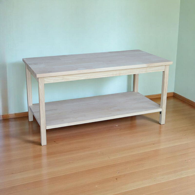 Rectangular Unfinished Solid Wood Coffee Table with Spacious Bottom Shelf