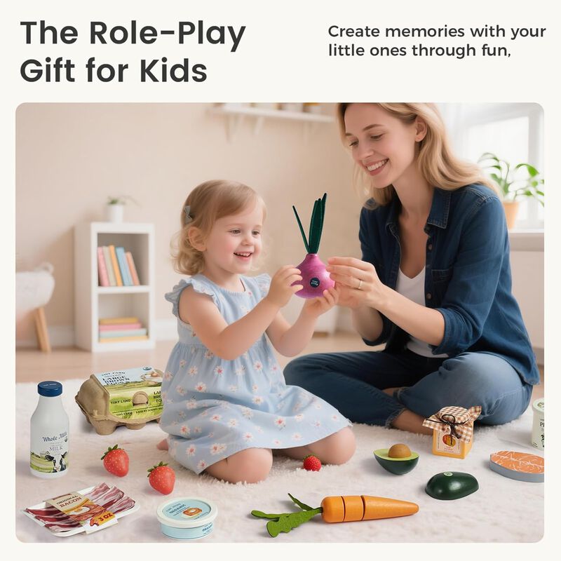 Wooden Play Food for Kids Kitchen, Pretend Food Dairy Set Toy - 7Pcs Dairy & Drinks Set with for Kid, Play Kitchen Accessories, Montessori Toy image number 4