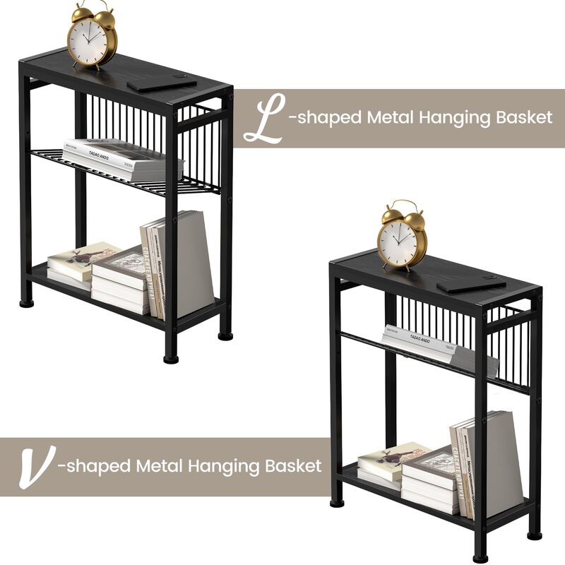 Homedawn Small End Table for Small Space, 3-Tier Narrow Side Table with Magazine Holder,Small Nightstand, Skinny Snack Couch Tab