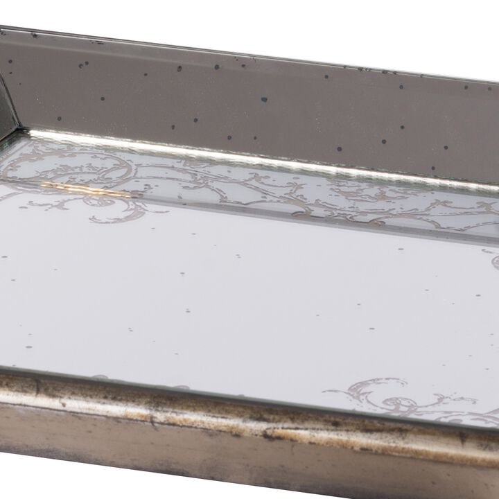 Set of 2 Square Serving Trays, Decorative, Vintage Mirrored, Champagne - Benzara