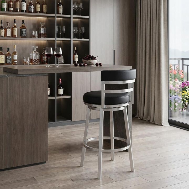 HomeRoots 30" Black And Silver Faux Leather And Iron Low Back Bar Height Swivel Bar Chair