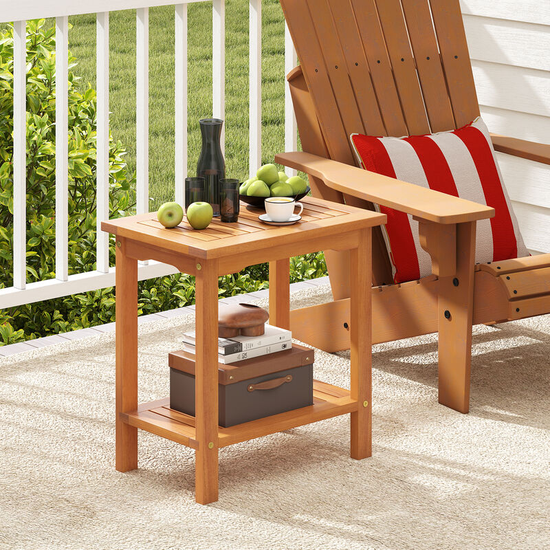 Outdoor 2-Tier Acacia Wood Side Table with Slatted Top and Lower Storage Shelf-Natural image number 1