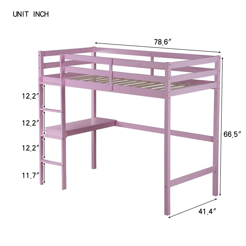 Whisen Twin High Loft Bed, Rubber Wood Loft Bed with Ladder, Safety Guardrail and built-in desk - Gray
