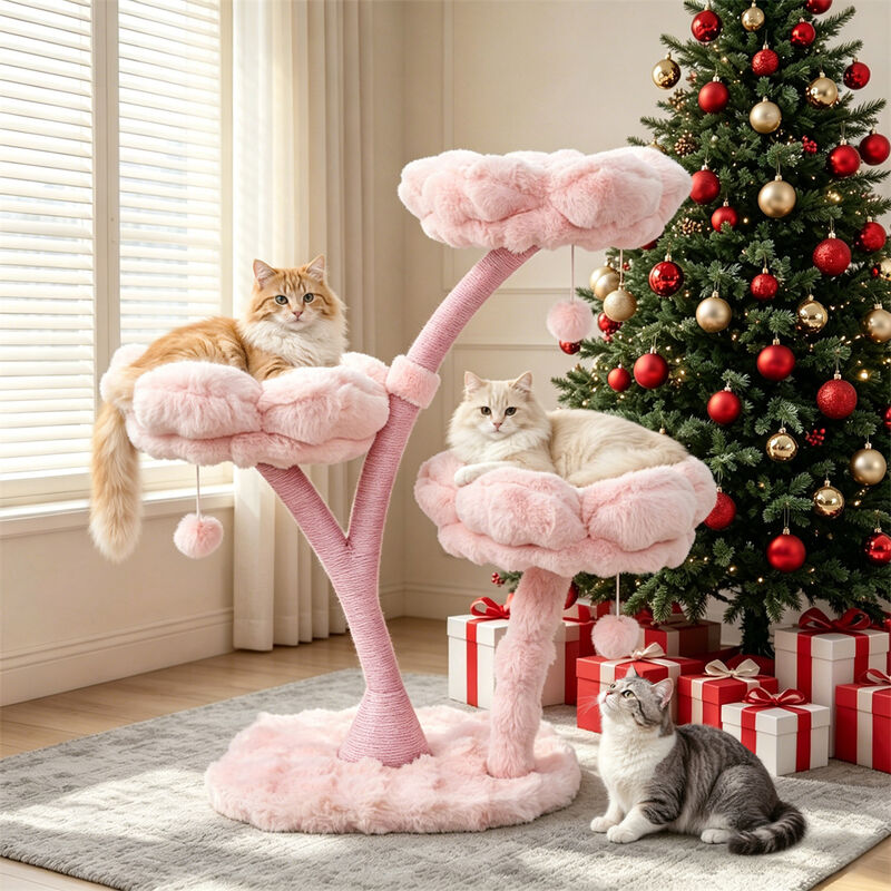 3-Tier Flower Cat Tree Pink Modern Cat Tower 41" Height Scratching Post Activity image number 9