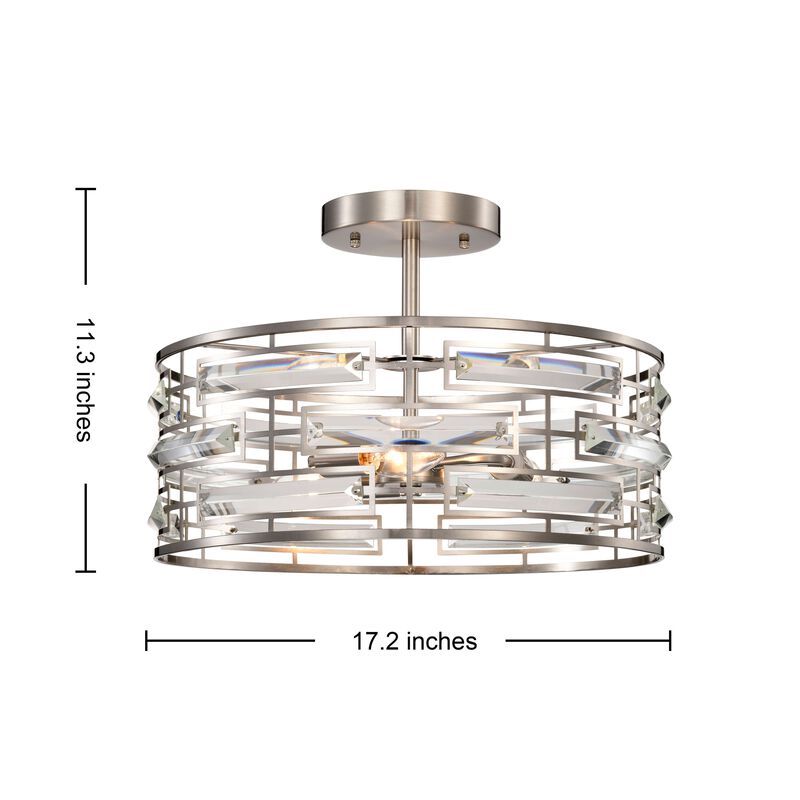 Ariel 17.2" Satin Nickel 3-Light Drum Shade Clear Glass Prism Flush Mount image number 8