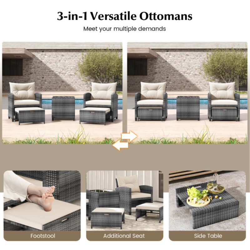 5 Piece Patio Rattan Furniture with 2 Ottomans and Tempered Glass Coffee Table image number 5