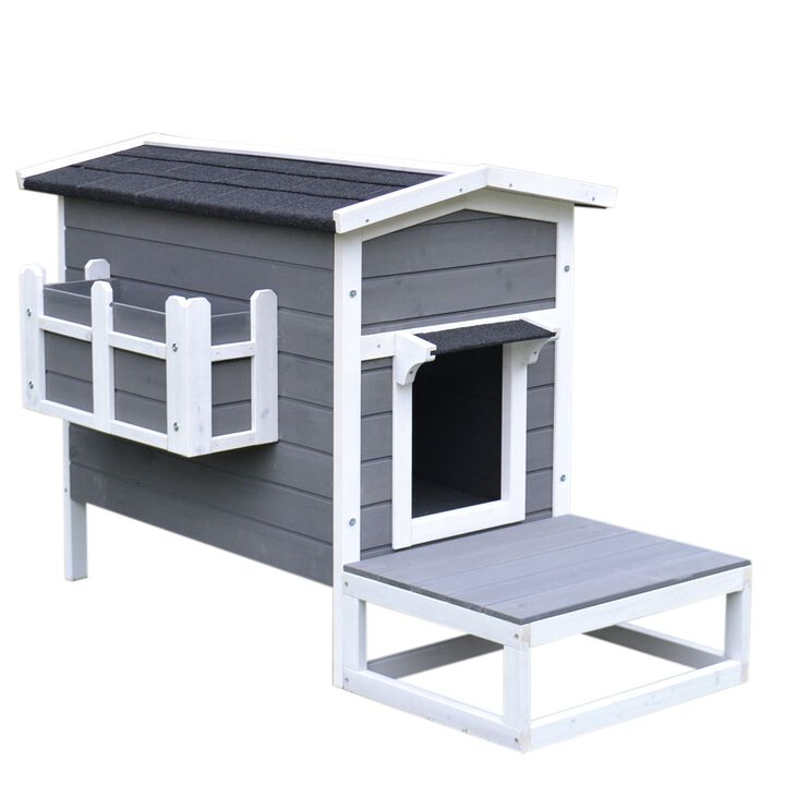 Feline Safe Haven: Dark Grey/White Outdoor Cat House with Escape Door