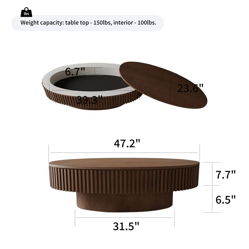 Oval coffee table with storage Solid wood veneer and MDF modern coffee table with fluted base Accent tea coffee table for living room image number 2