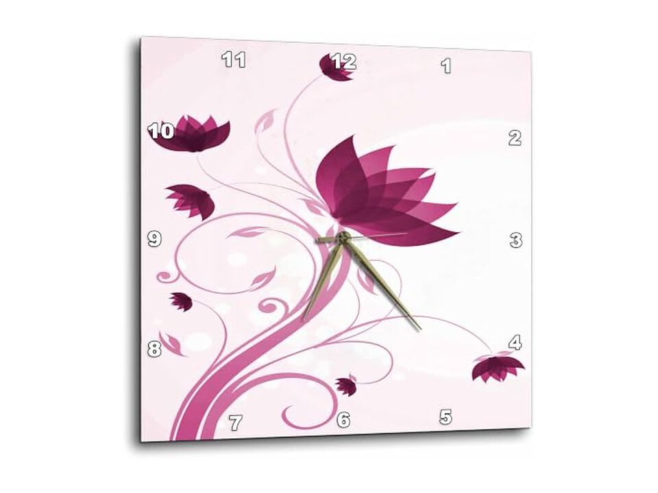Pretty Pink Flower Swirly Stem Wall Clock 13 Inch Home Decor