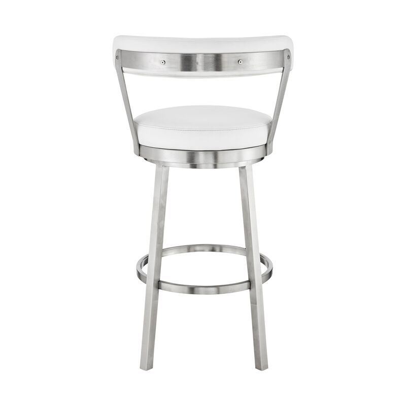 Kobe Bar Height Swivel Bar Stool in Brushed Stainless Steel Finish and White Faux Leather image number 4