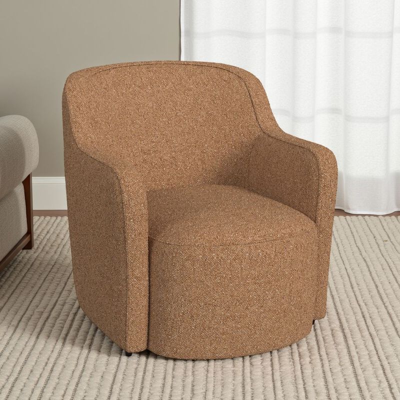 Kopi Swivel Accent Club Chair, Light Tan Brown Boucle, Curved Backrest