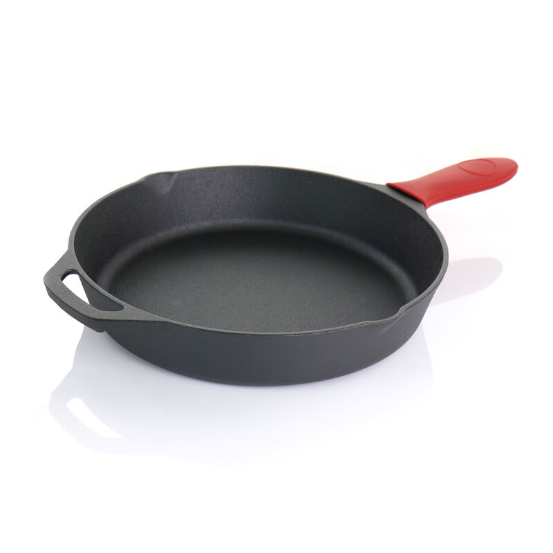 MegaChef Pre-Seasoned 9 Piece Cast Iron Skillet Set with Lids and Red Silicone Holder