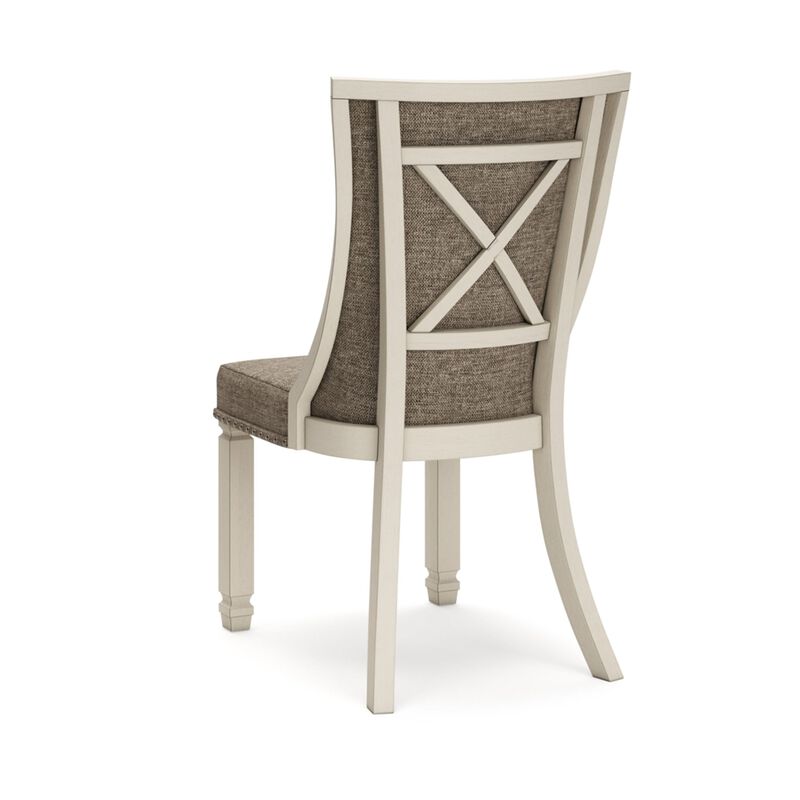 Bolan Dining Side Chair Set of 2, Lattice Back, Polyester, White Wood - Benzara