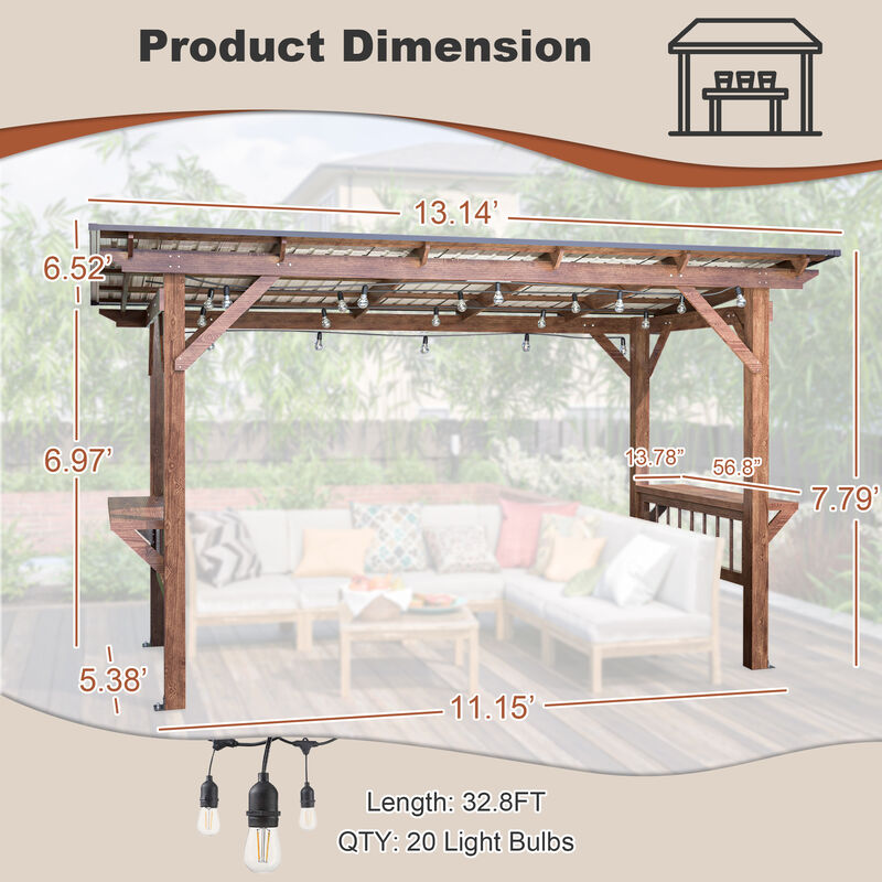 13' x 6.5' Wooden Pergola Grill Gazebo with Metal Roof & Bulbs & Bar Counters image number 3