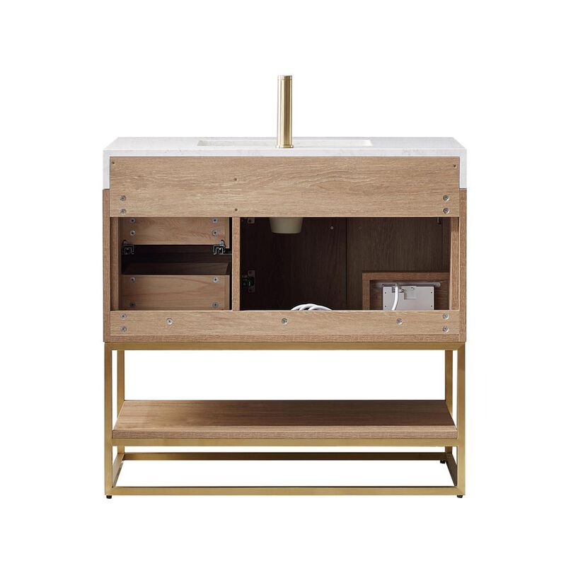 Vinnova Design 36 Single Vanity with White Grain Stone Countertop Without Mirror