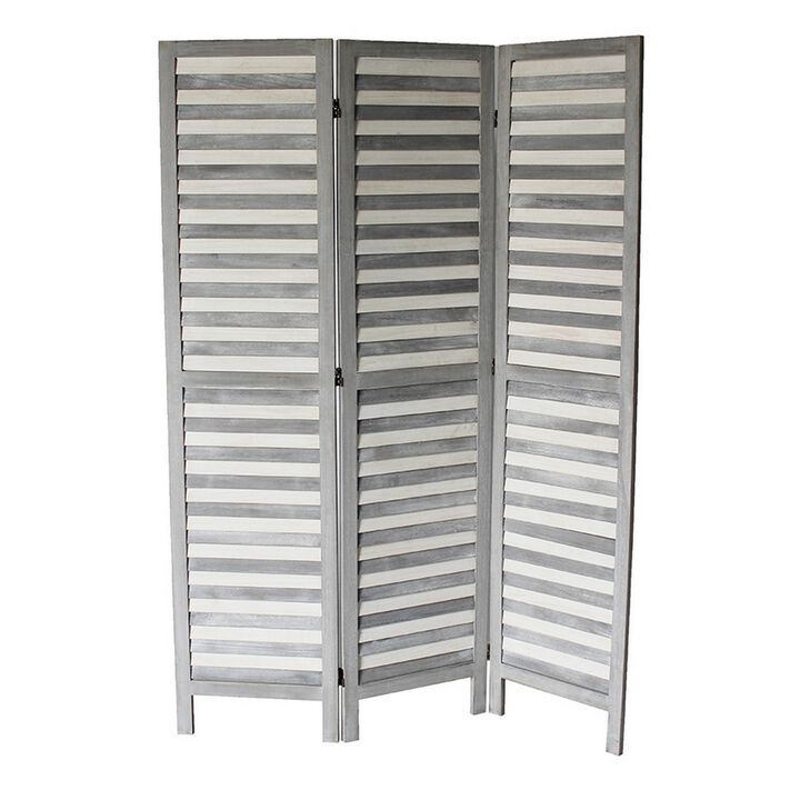 Traditional 3 Panel Room Divider with Slat Panelling, Gray-Benzara