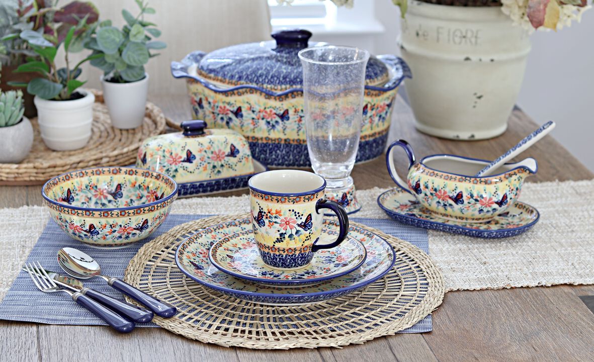 Blue Rose Polish Pottery Green Daisy 4 Piece Mug Set