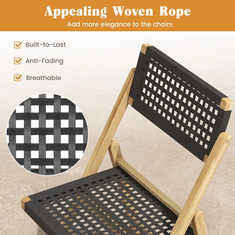 Set of 2 Folding Teak Wood Dining Chairs with Woven Rope Seat and Back image number 5