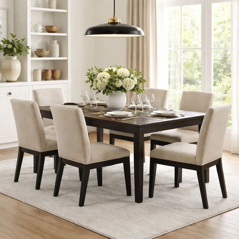 19 Inch Wood Dining Chair, Set of 2, Padded Backrest, Beige Upholstery image number 1