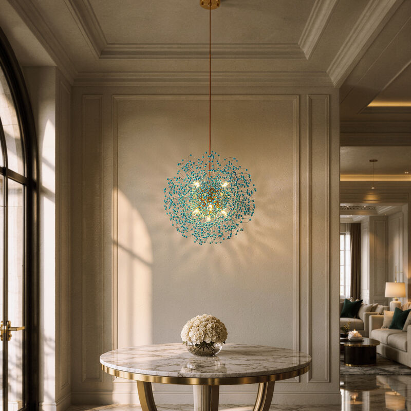 20'' Antique Gold Modern Eclectic Starburst Chandelier with Turquoise Beads Accents for Dining Room Entryway image number 2