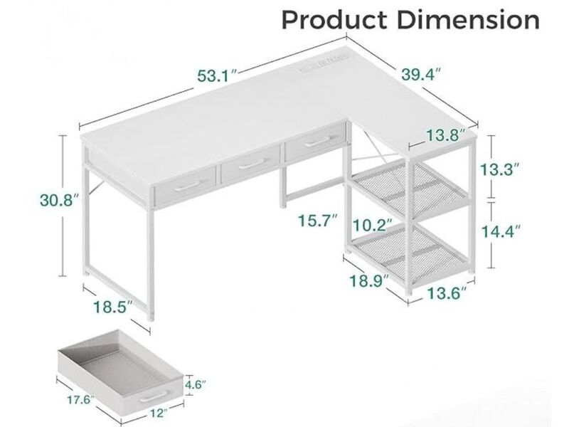 Computer Desk &ndash; 53" White L‑Shaped Corner Table with Drawers, Shelves & Power Outlets image number 2