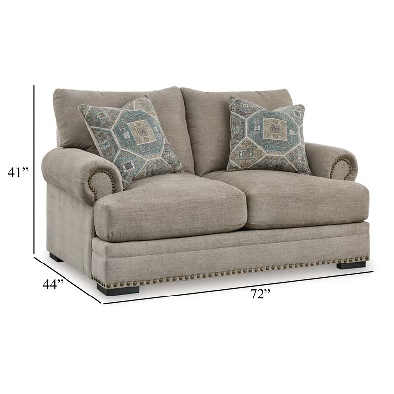 Golo Loveseat, 72 Inch, 2 Accent Pillows, Gray Fabric, Nailhead Trim
