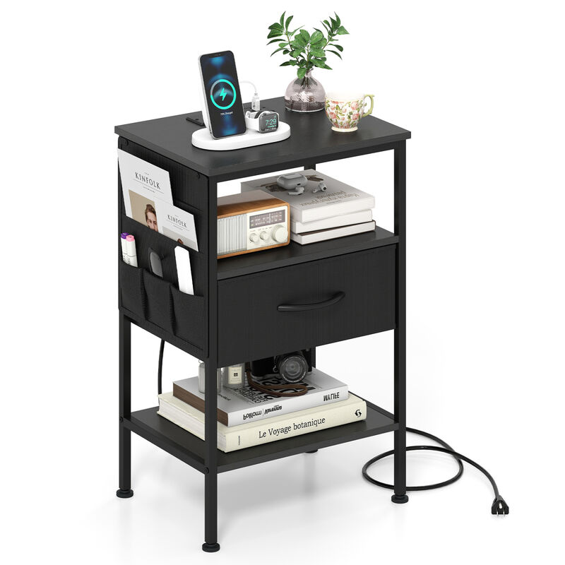 Modern Nightstand with Charging Station, Fabric Drawer Bedside Table image number 4