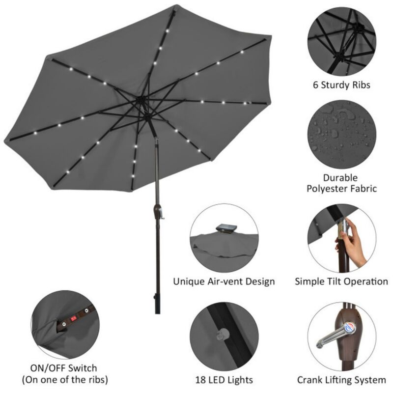 10 Feet Outdoor Patio Umbrella with Bright Solar LED Lights-Gray image number 4
