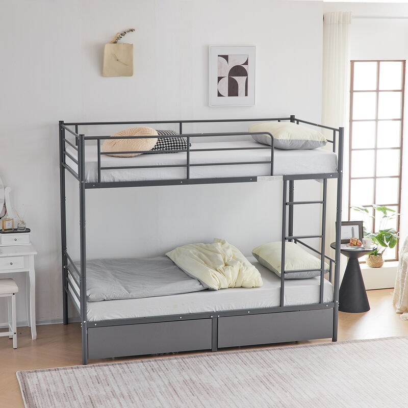 Space-Saving Convertible Bunk Bed with Metal Frame and Two Drawers
