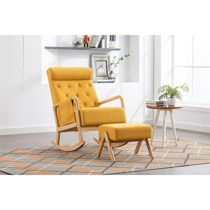 Rocking Chair With Ottoman, Mid-Century Modern Upholstered Fabric Rocking Armchair, Rocking Chair Nursery with Thick Padded Cushion, High Backrest Accent Glider Rocker Chair for Living Room