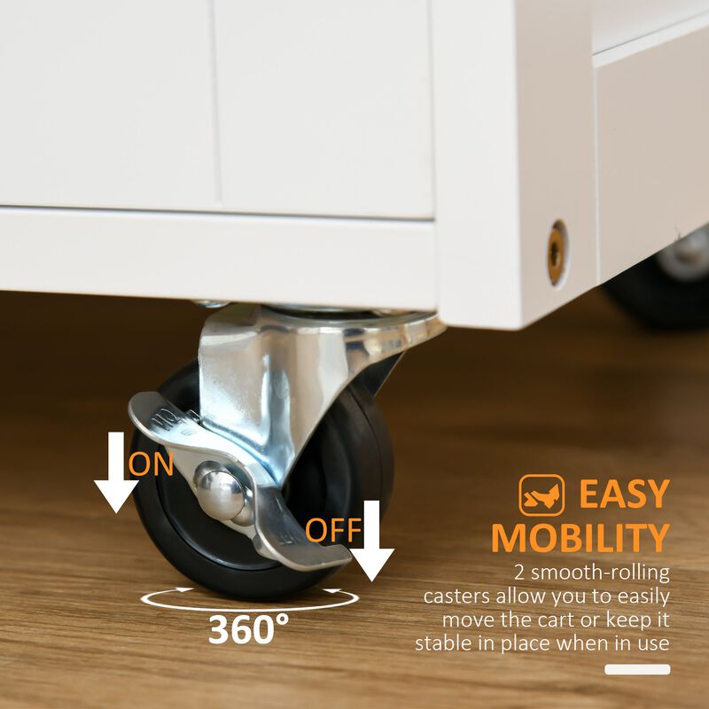 White Kitchen Helper: Rolling Cart with Wine Rack & Wooden Countertop