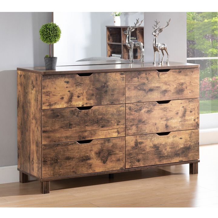 Distressed Wood Dresser with 6 Drawers & Cutout Curved Handles