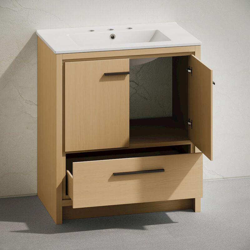 30" Freestanding Bathroom Vanity in Natural Oak with 3-Hole Widespread Sink Top image number 4