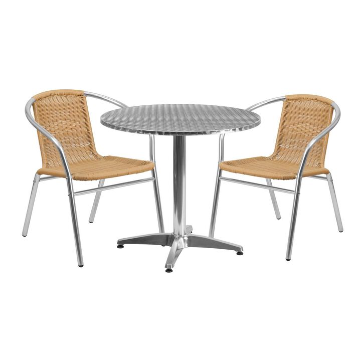 Flash Furniture Lila 31.5'' Round Aluminum Indoor-Outdoor Table Set with 2 Beige Rattan Chairs