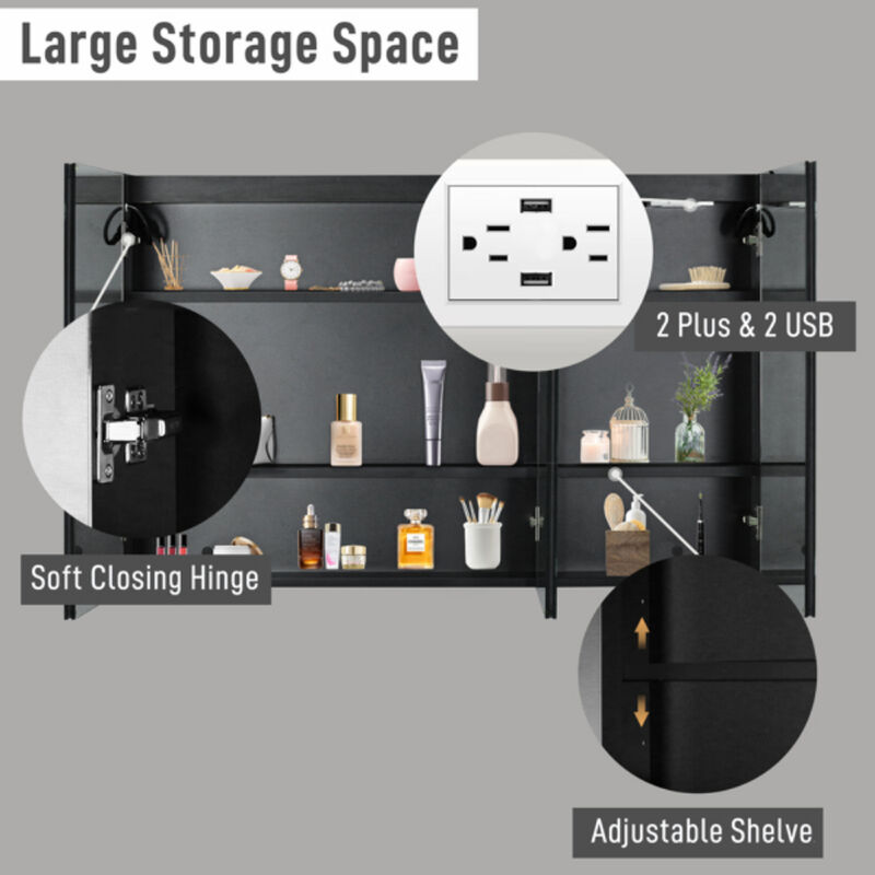 Modern Bathroom Wall Cabinet with Three-Color LED Light and Dual Power Plugs