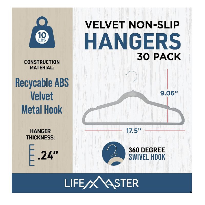 Velvet Non-Slip Hangers - 30 Pieces Non-Slip Coat Hanger Set with 360&deg; Swivel Hook, Space-Saving, Sleek Design, Keep Closet Organized, Smooth Velvet Finish, Lightweight Construction - Gray