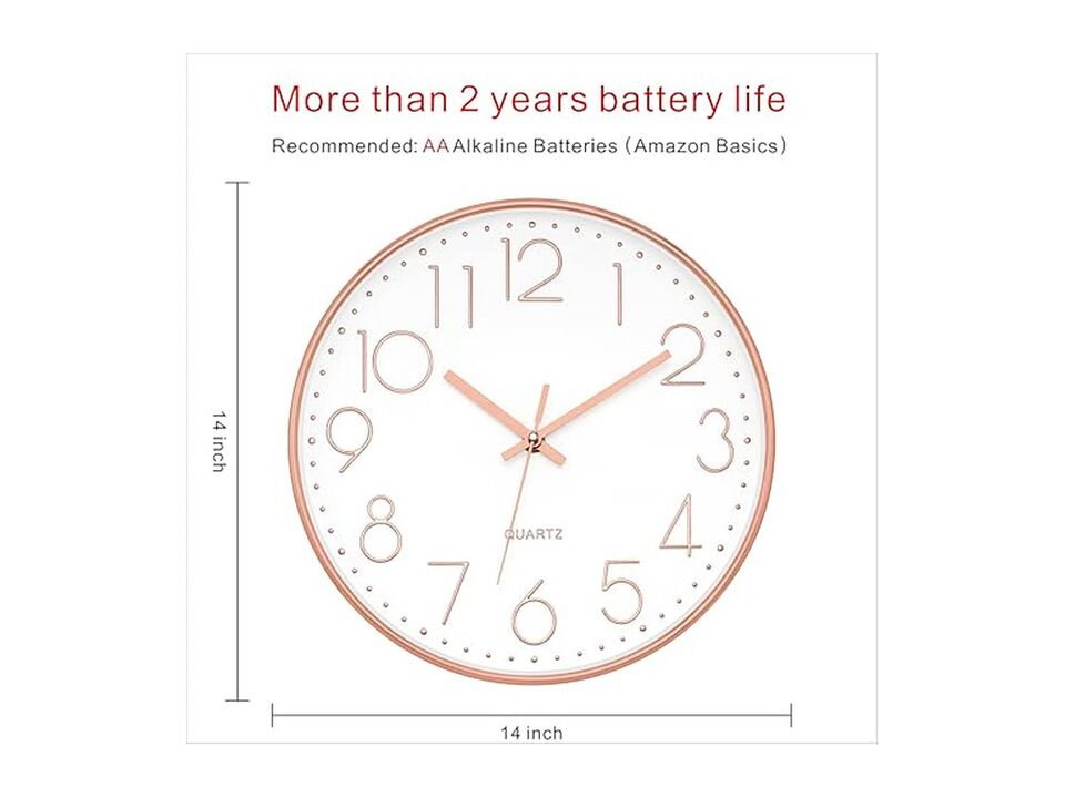 Gold Wall Clock 14 Inch Silent Non Ticking Modern Battery Operated