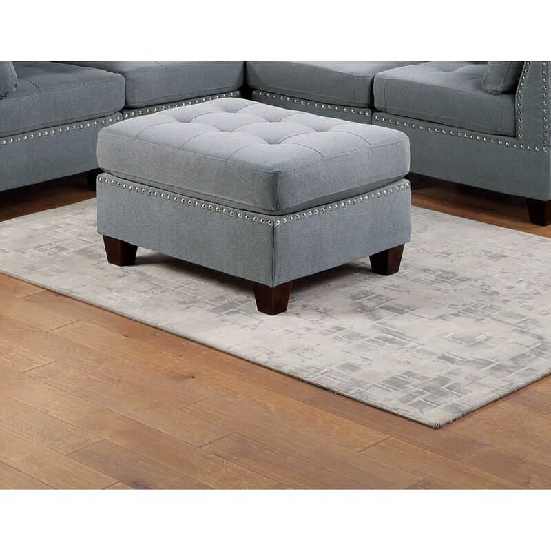 Living Room Furniture Tufted Ottoman Grey Linen Like Fabric 1pc Ottoman Cushion Nailheads Wooden Legs