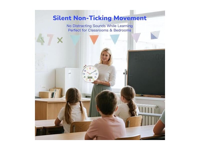 Teaching LCD Date Weekday Temperature Wall Clock 12 Inch Silent Non Ticking image number 3