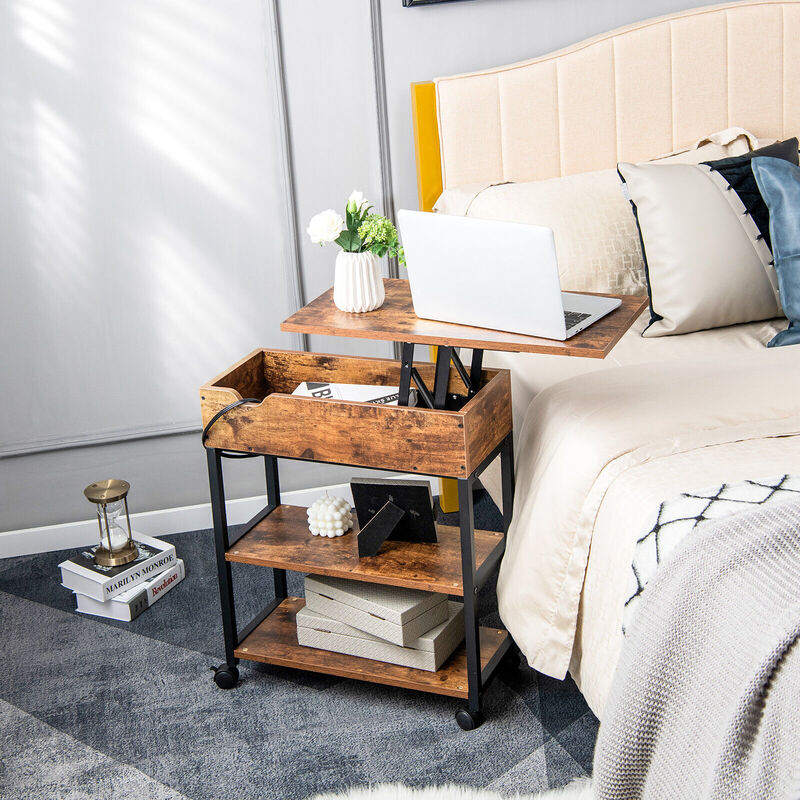 Lift Top End Table with Charging Station and Universal Wheels-Rustic Brown image number 2