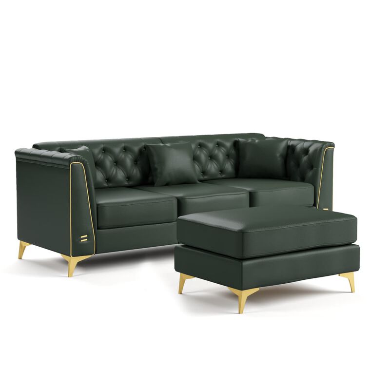 2-Piece Chesterfield Sofa and Ottoman Set, Faux Leather Tufted Couch with Metal Trim Arms, Living Modular Sofa with 3 Pillows image number 3